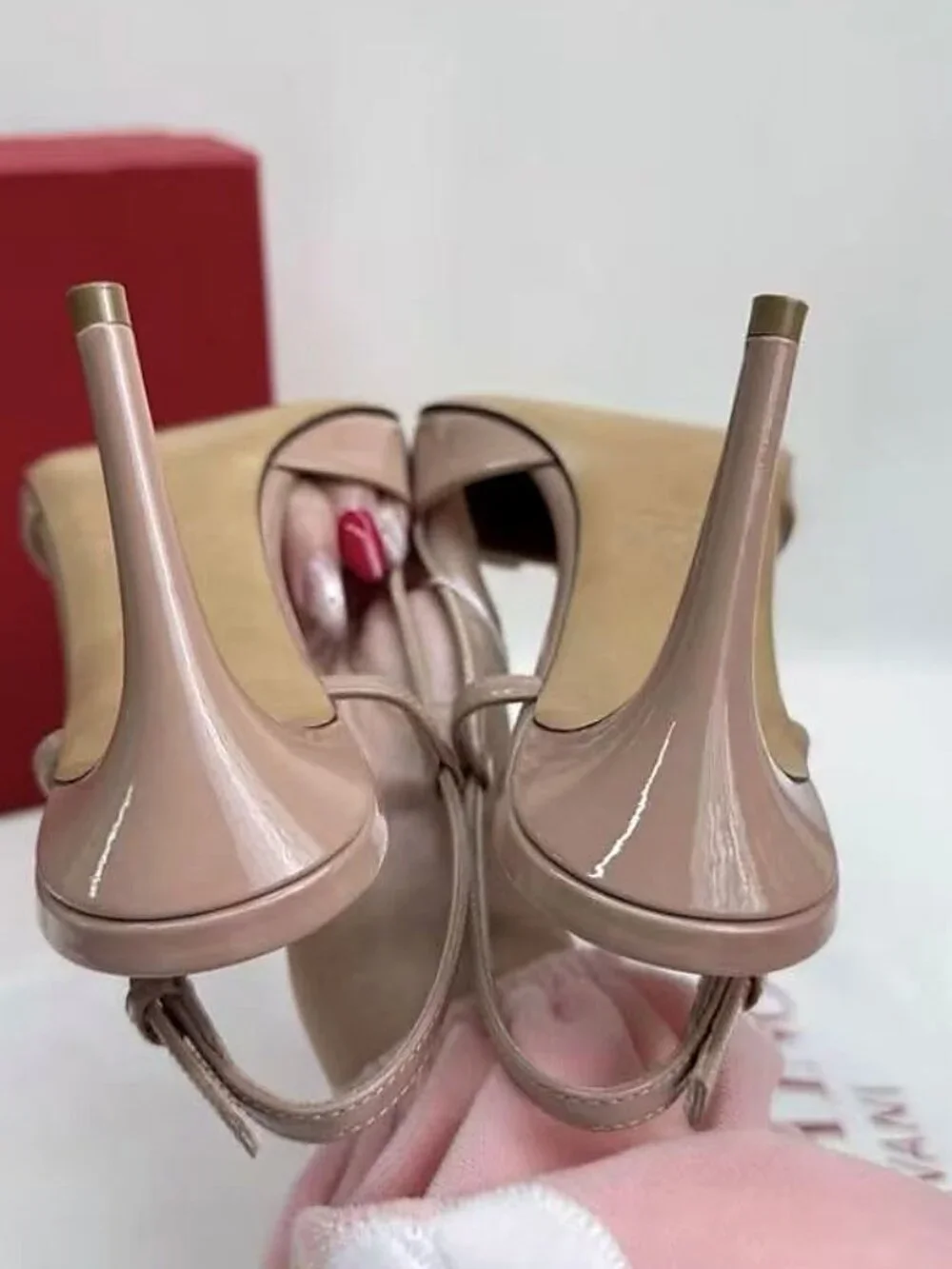 Valentino Nude Patent Leather VLogo Slingback Heels
